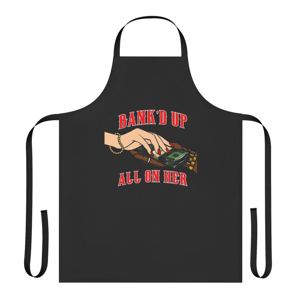 Apron in black and red colors, featuring the text "All On Her Mercs" representing a Sacramento rapper