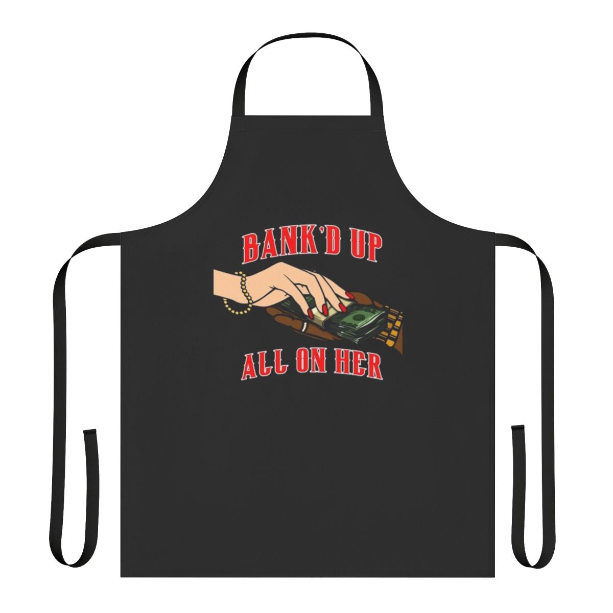 Apron in black and red colors, featuring the text "All On Her Mercs" representing a Sacramento rapper