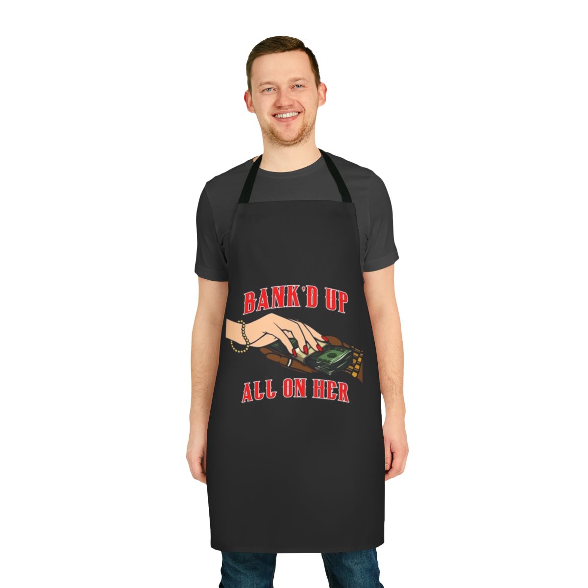 Apron in black and red colors, featuring the text "All On Her Mercs" representing a Sacramento rapper