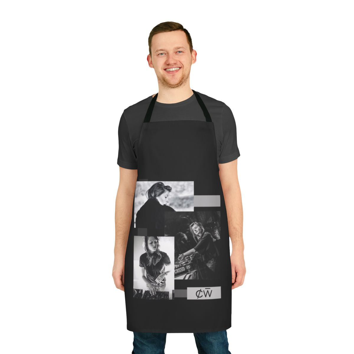 Black and white apron with Charlotte De Witte inspired design
