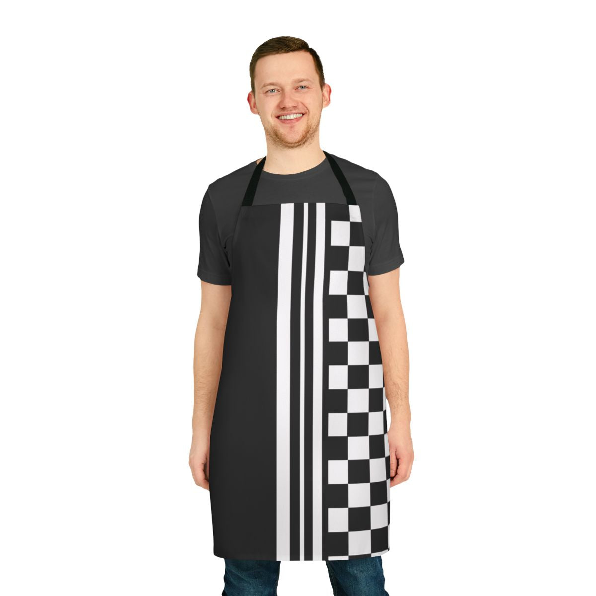 Black and white apron with a stylish ska inspired design
