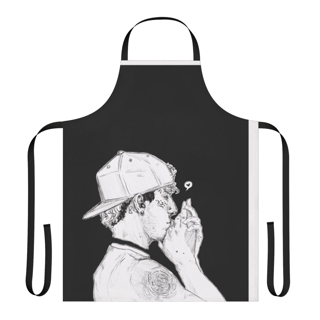 Monochrome band-themed kitchen apron with drum design