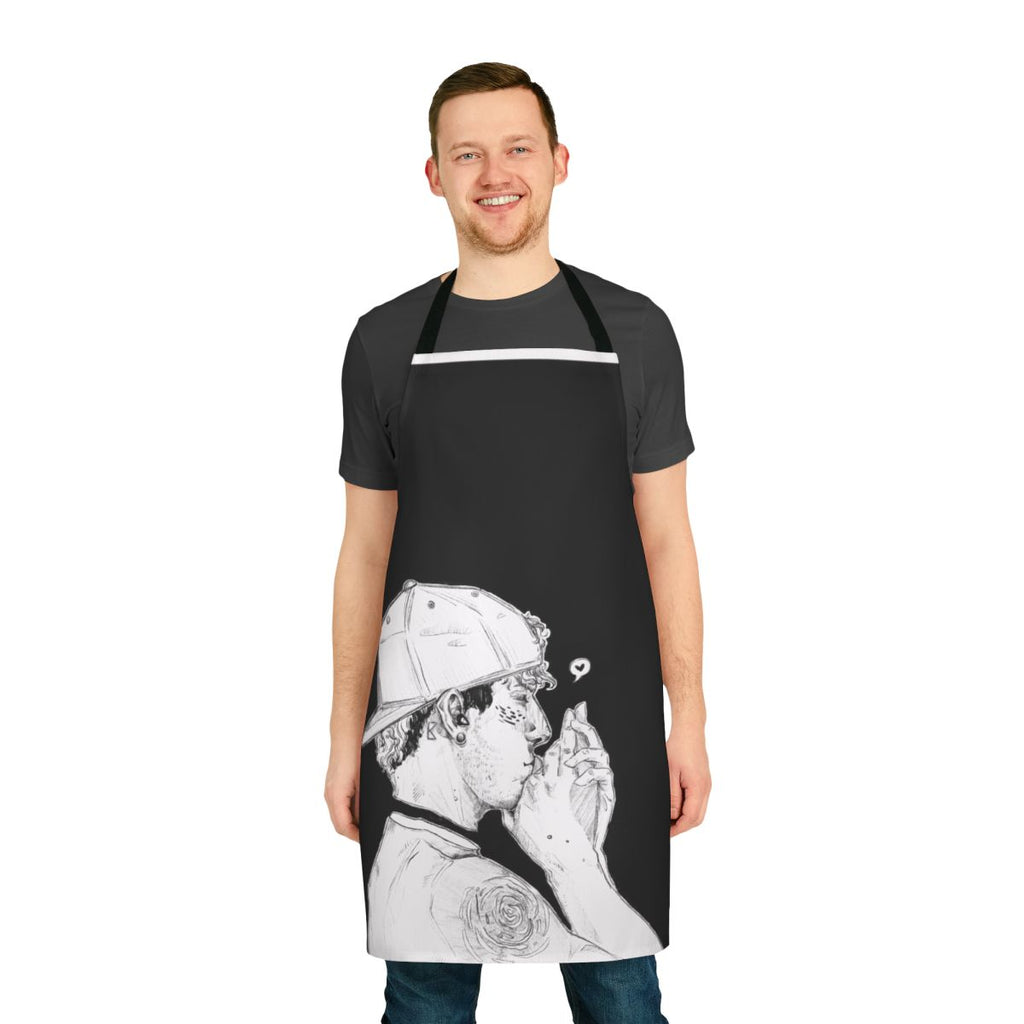 Monochrome band-themed kitchen apron with drum design