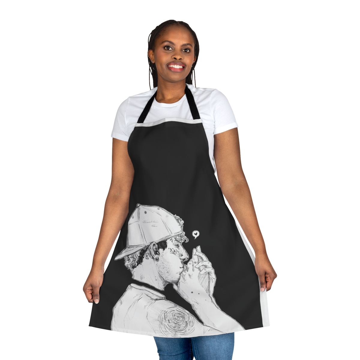 Monochrome band-themed kitchen apron with drum design