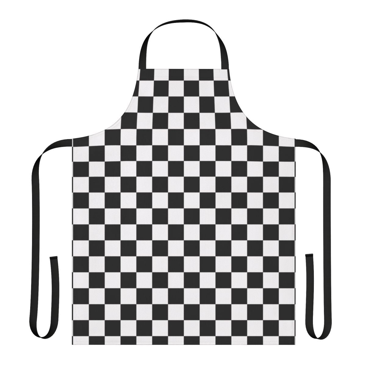 A black and white checkerboard pattern apron, perfect for home cooking and baking.