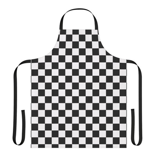A black and white checkerboard pattern apron, perfect for home cooking and baking.