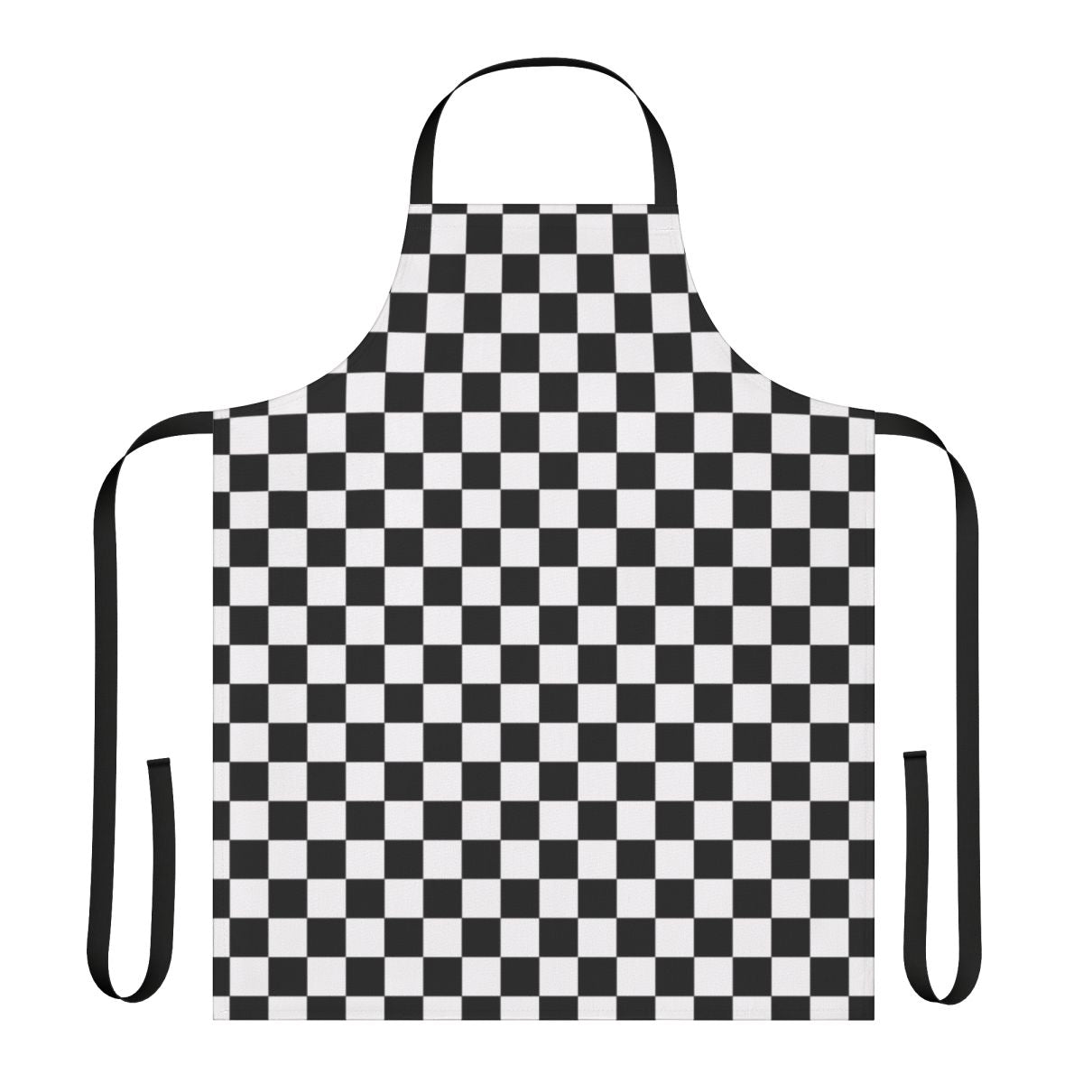 Black and white checkered pattern apron with a retro geometric design