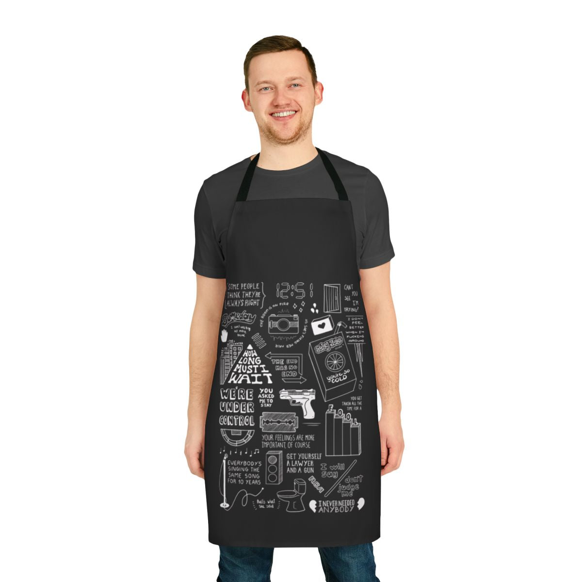 Stylish black and white collage-style apron featuring The Strokes band logo and song references