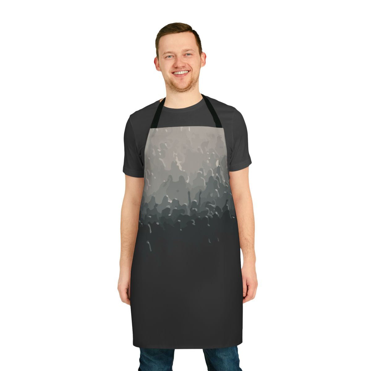 A black and white patterned apron depicting a crowd of people at a music event or party.