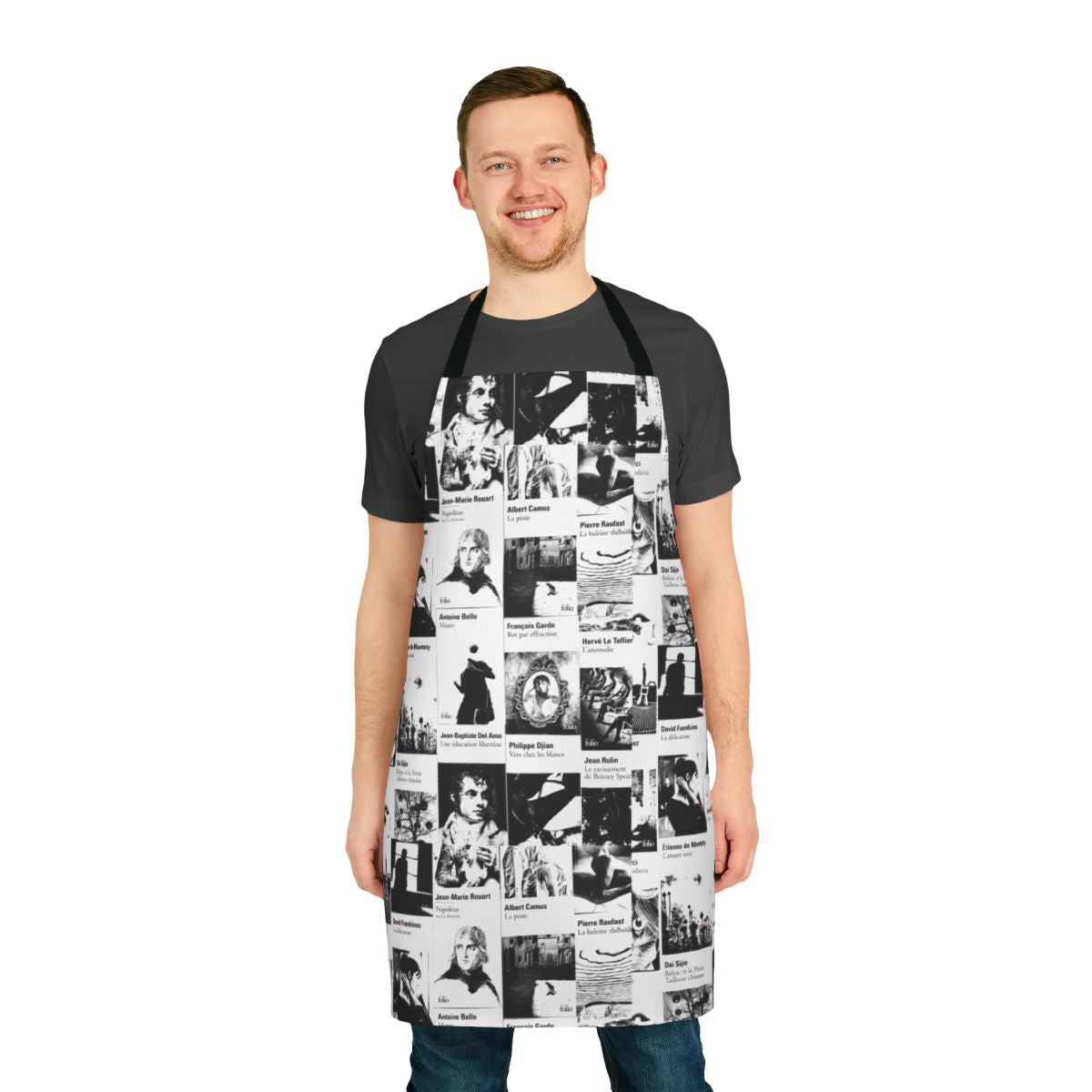 Stylish black and white folio-style apron for literature enthusiasts
