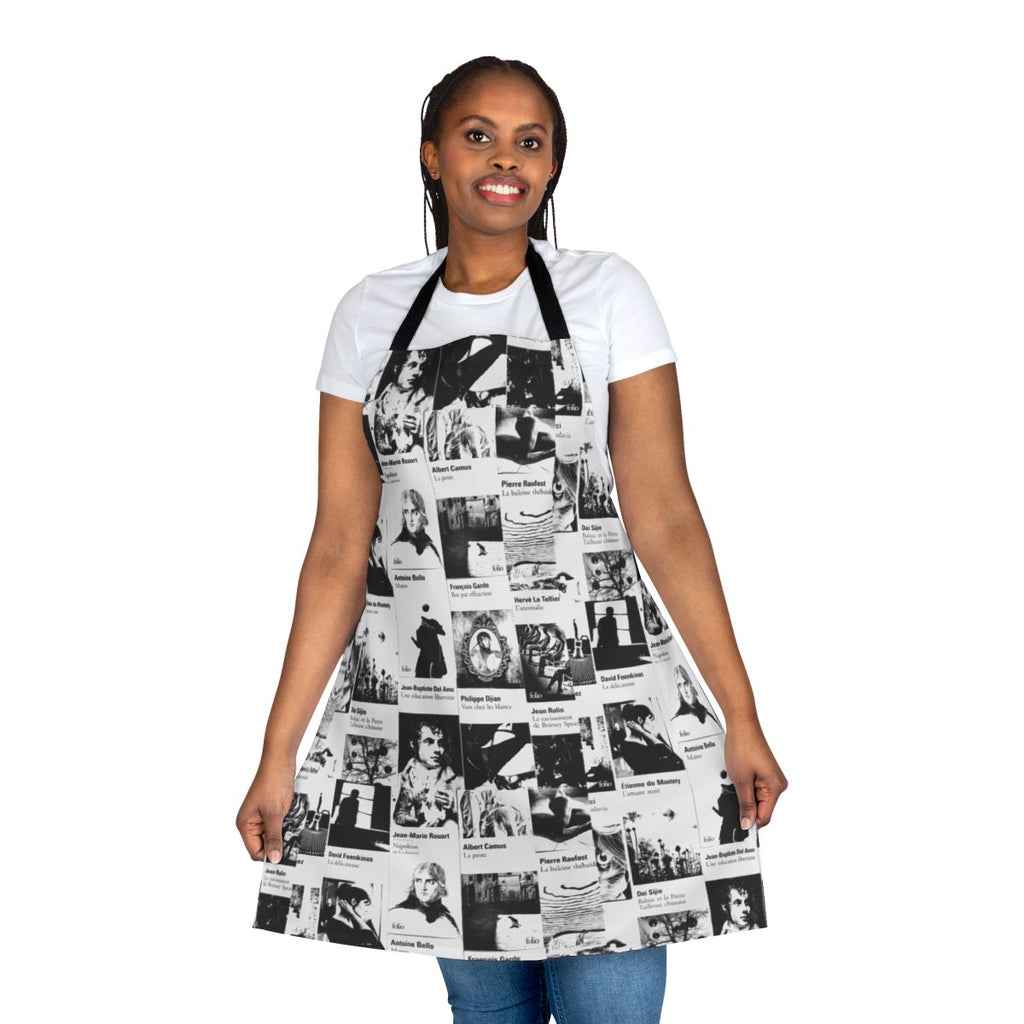 Stylish black and white folio-style apron for literature enthusiasts