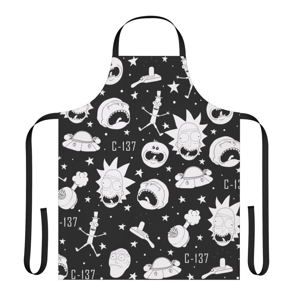 A black and white patterned apron featuring popular characters and imagery from the Rick and Morty animated series.