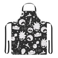A black and white patterned apron featuring popular characters and imagery from the Rick and Morty animated series.