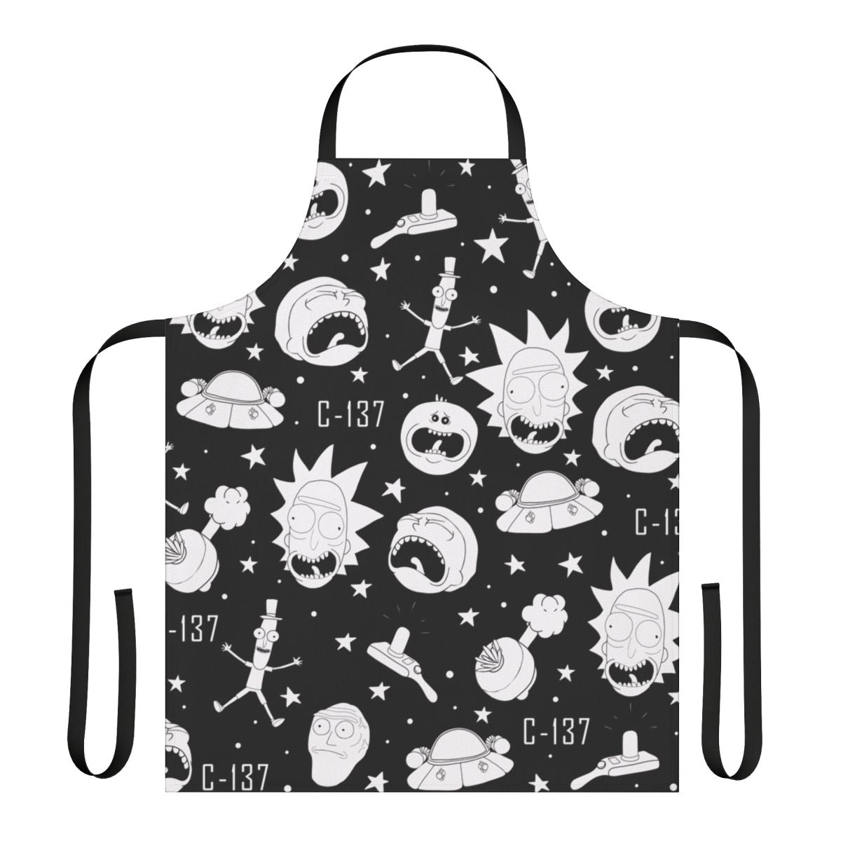A black and white patterned apron featuring popular characters and imagery from the Rick and Morty animated series.