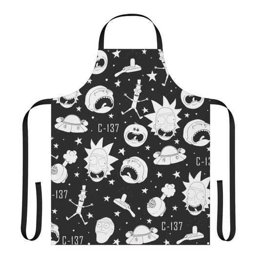 A black and white patterned apron featuring popular characters and imagery from the Rick and Morty animated series.