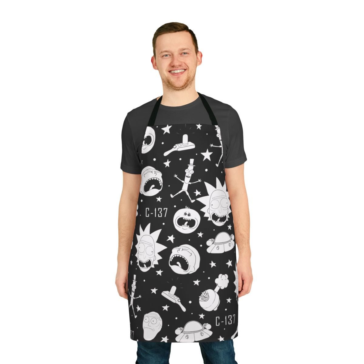 A black and white patterned apron featuring popular characters and imagery from the Rick and Morty animated series.