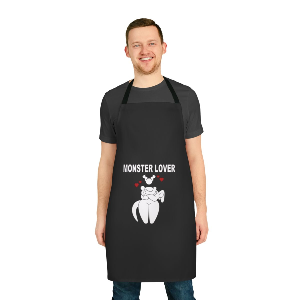 Fashionable black and white apron featuring a monster design, perfect for the kitchen