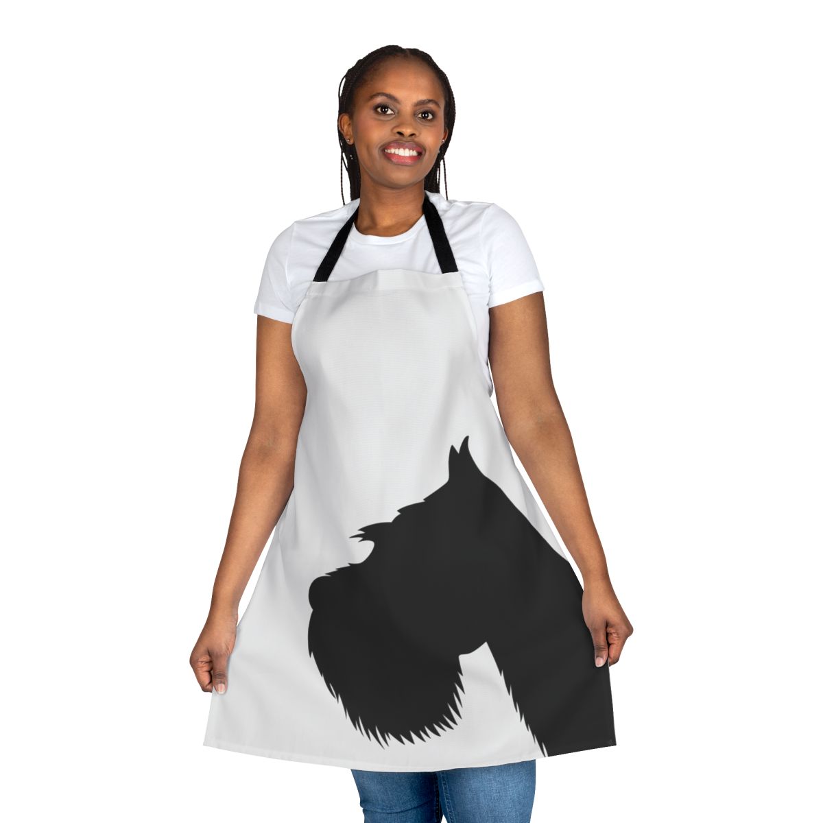 Sleek and durable black and white apron featuring a miniature schnauzer silhouette design