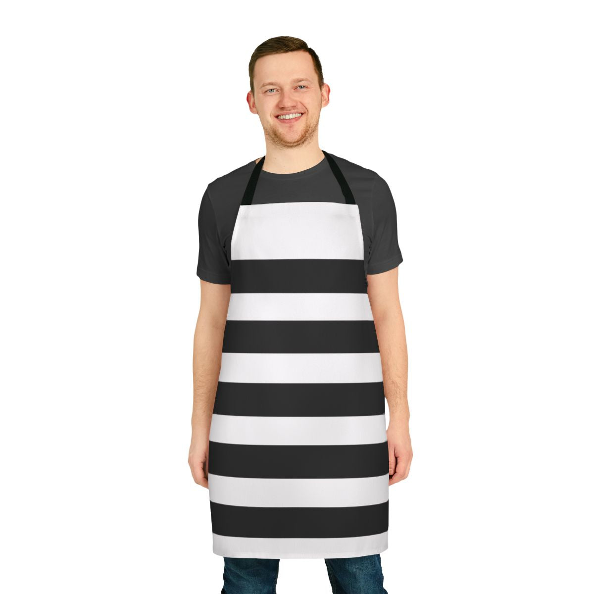 Black and white striped apron with a contemporary design