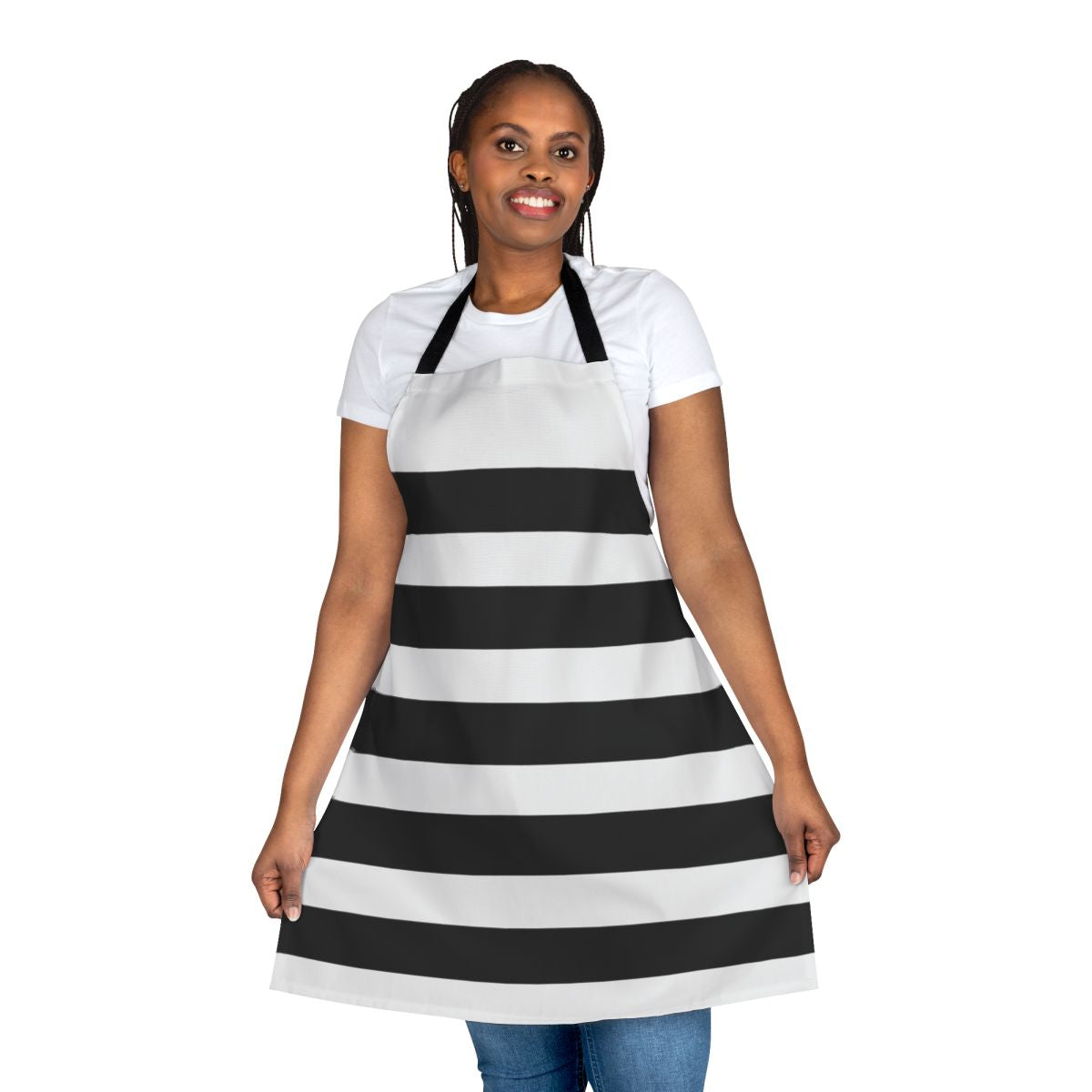 Black and white striped apron with a contemporary design