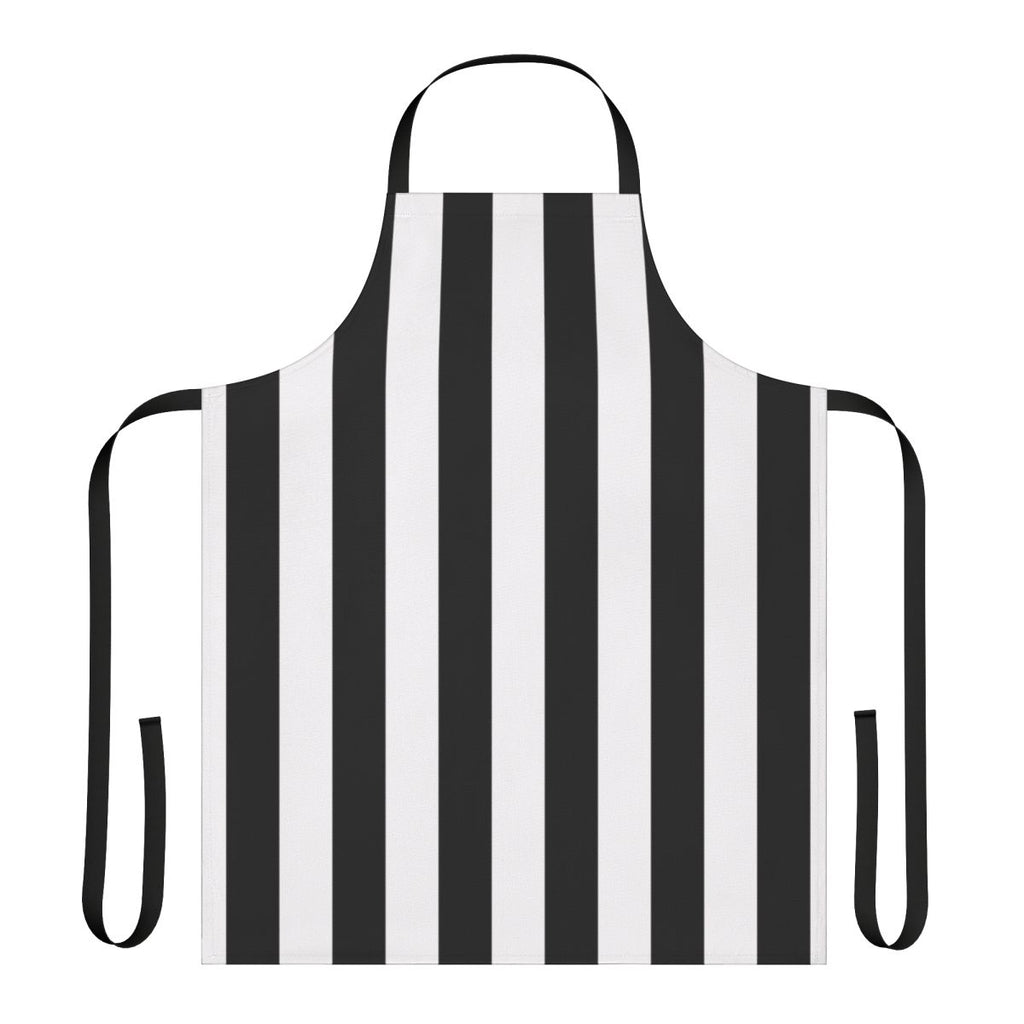 Black and white vertical stripe apron with a geometric pattern, perfect for cooking and baking.