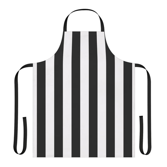 Black and white vertical stripe apron with a geometric pattern, perfect for cooking and baking.