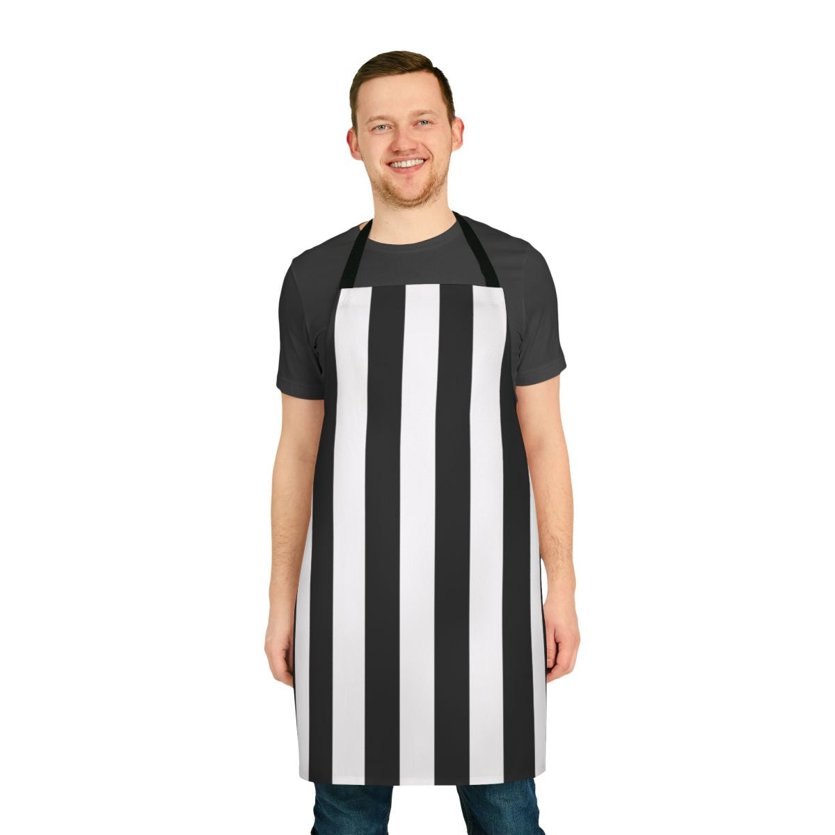 Black and white vertical stripe apron with a geometric pattern, perfect for cooking and baking.