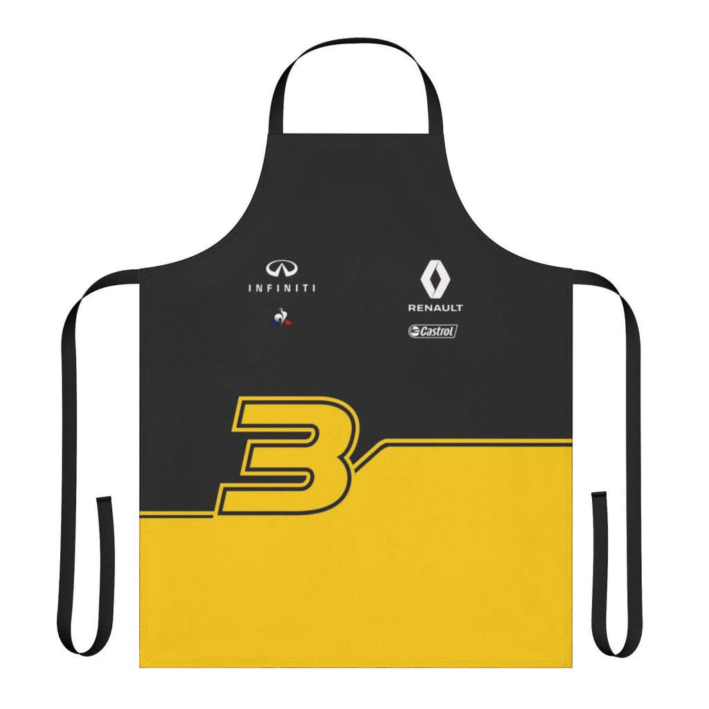 A black and yellow apron featuring the number 3 and inspired by the Formula 1 team colors.