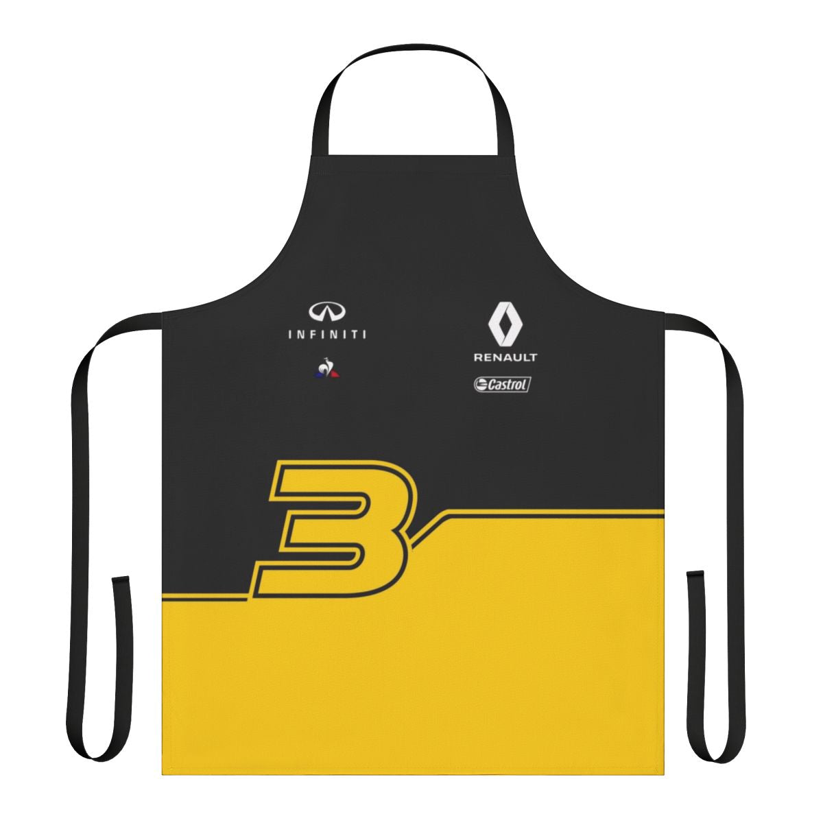 A black and yellow apron featuring the number 3 and inspired by the Formula 1 team colors.