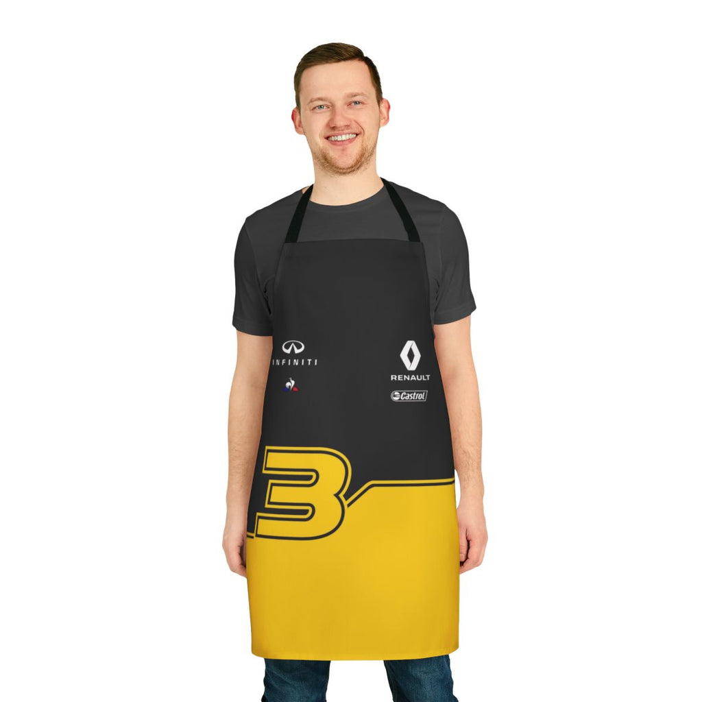 A black and yellow apron featuring the number 3 and inspired by the Formula 1 team colors.