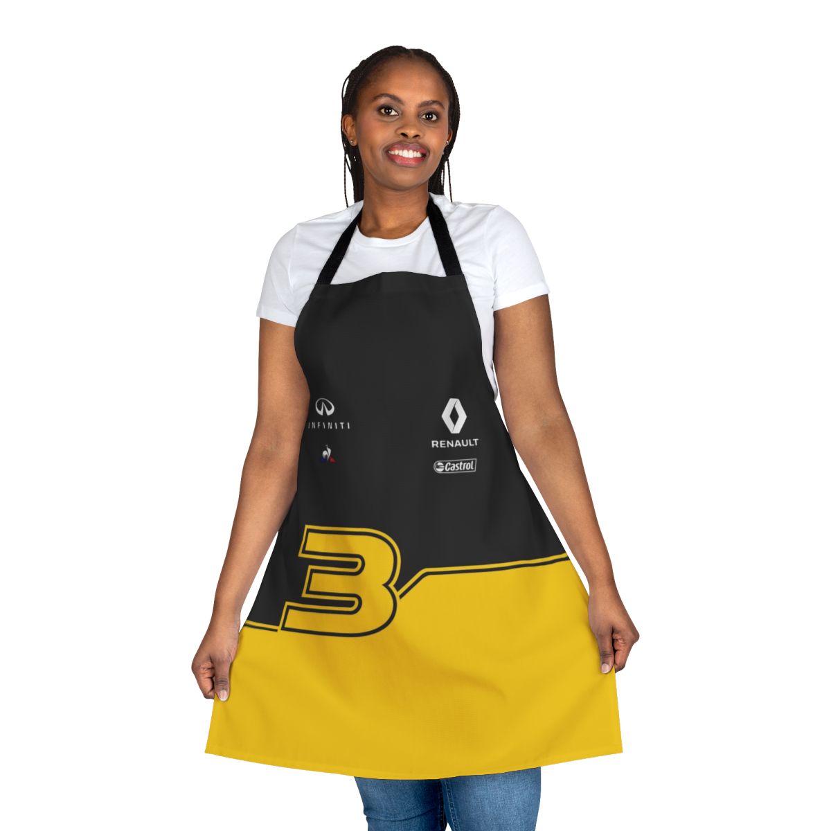 A black and yellow apron featuring the number 3 and inspired by the Formula 1 team colors.