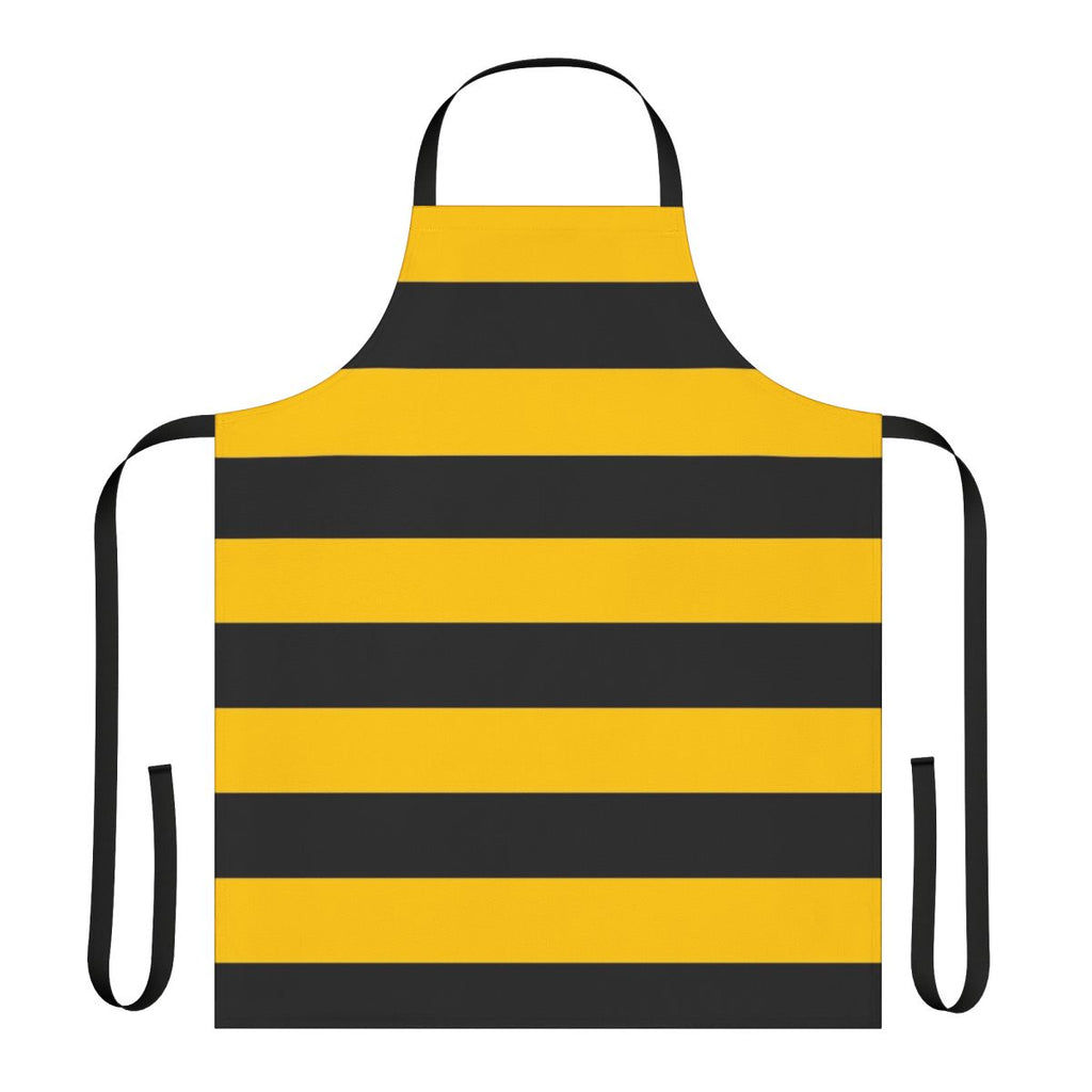 A black and yellow striped apron with a bold, stylized bee pattern design.
