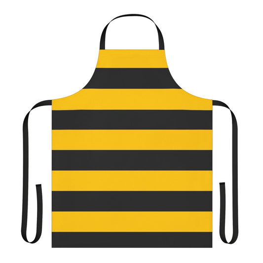 A black and yellow striped apron with a bold, stylized bee pattern design.