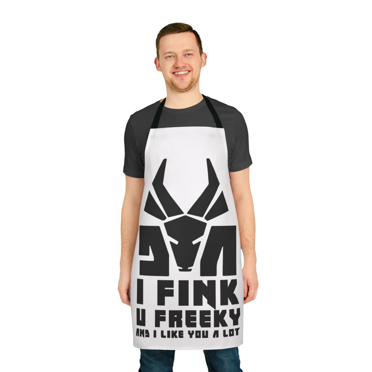 Black apron with a bold, edgy design inspired by the South African music group Die Antwoord