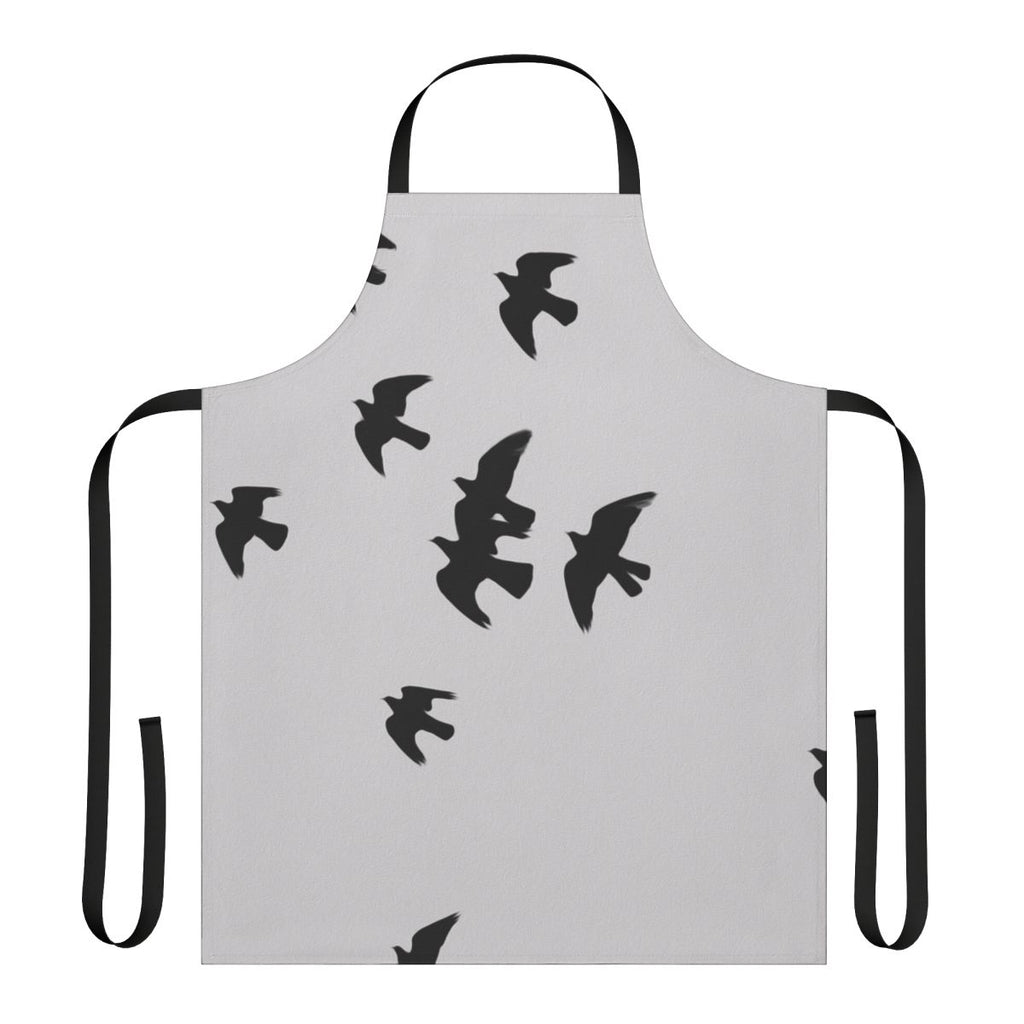 Stylish black apron featuring a design with birds, animals, and nature imagery