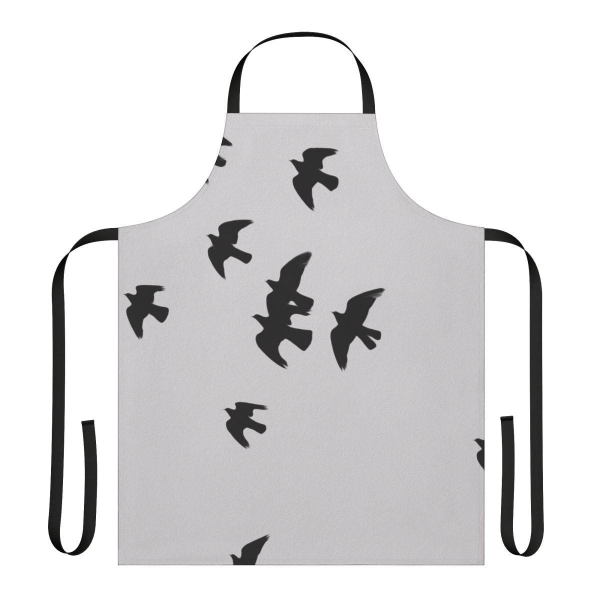 Stylish black apron featuring a design with birds, animals, and nature imagery