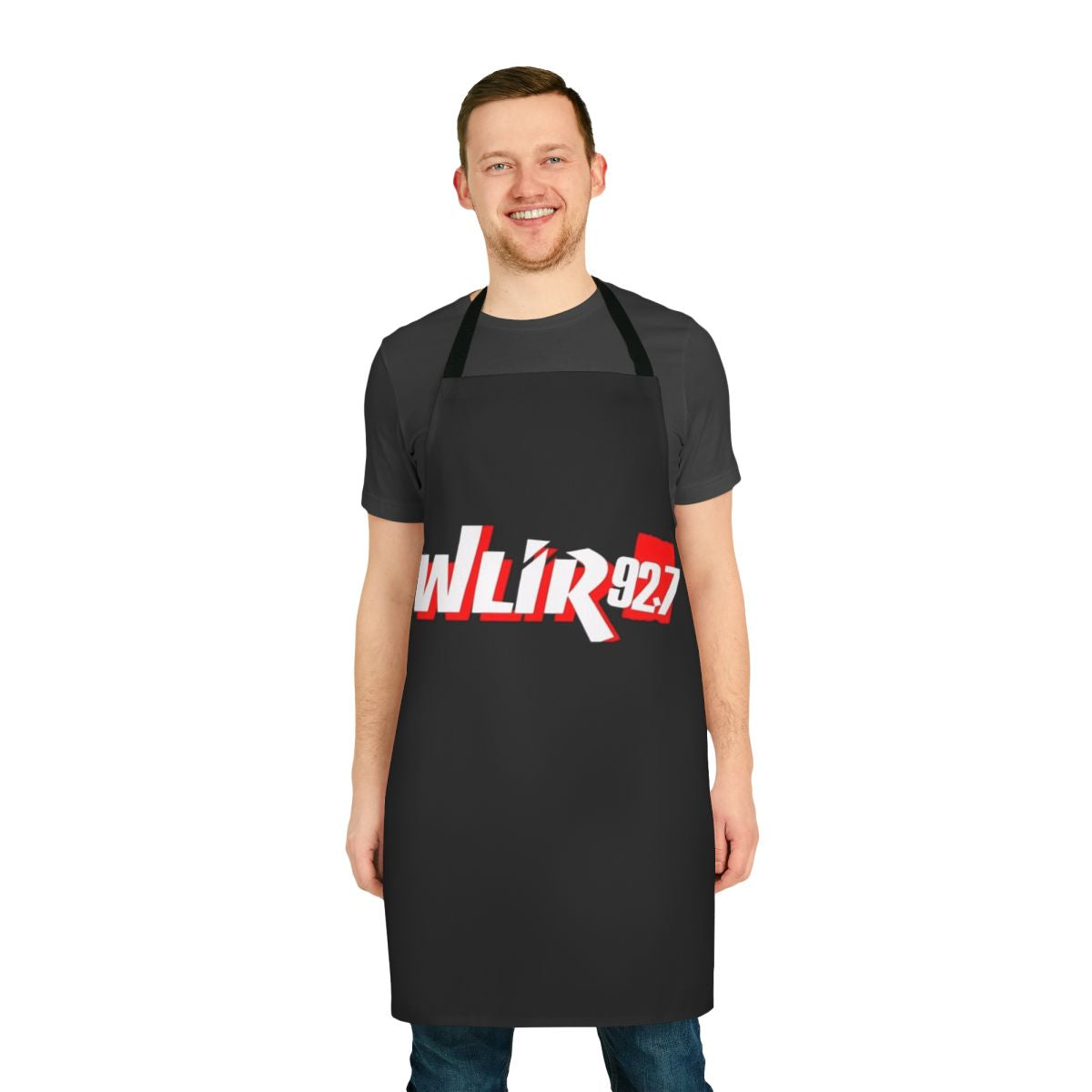Black apron with a humorous music-themed design