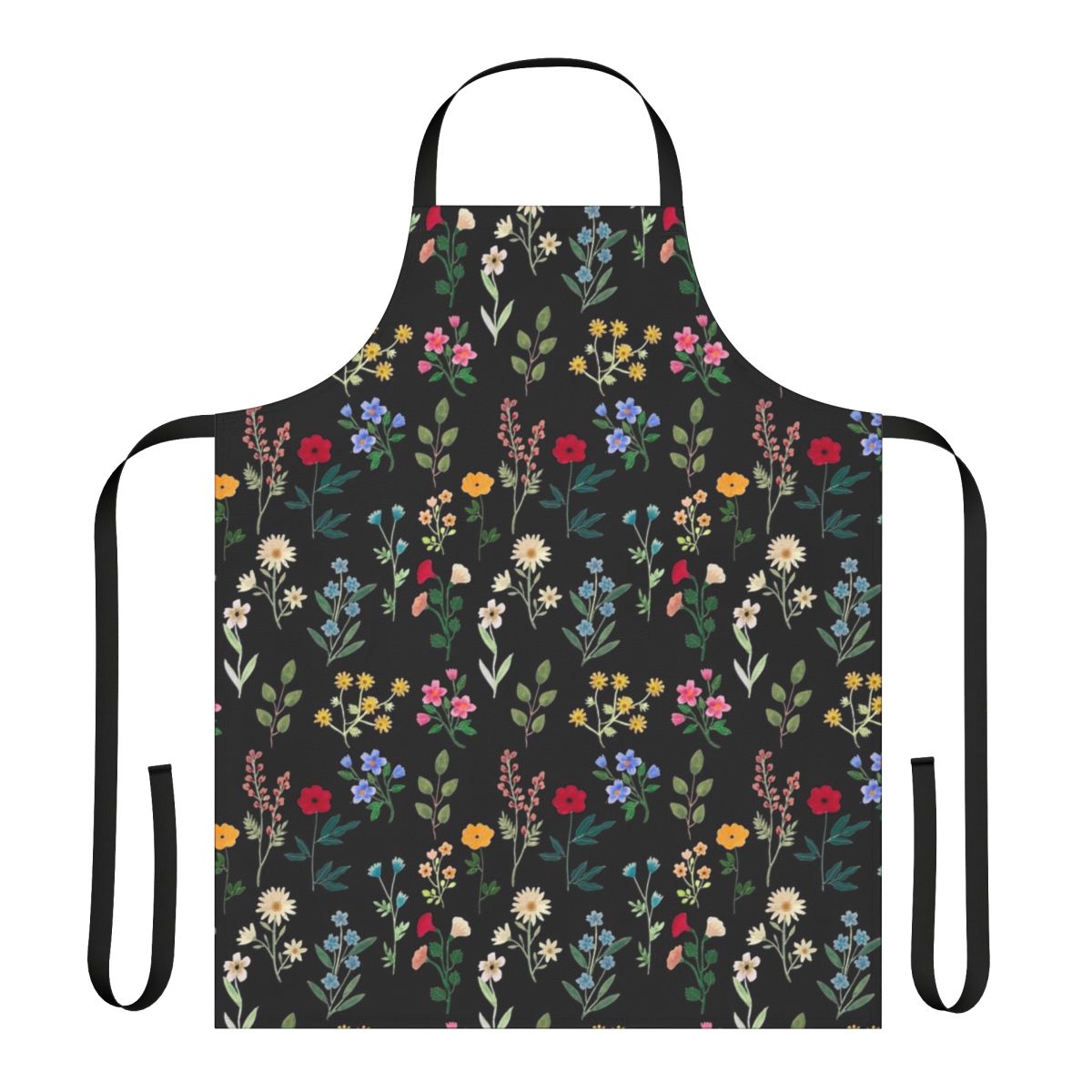 Black apron with vibrant spring botanical floral pattern