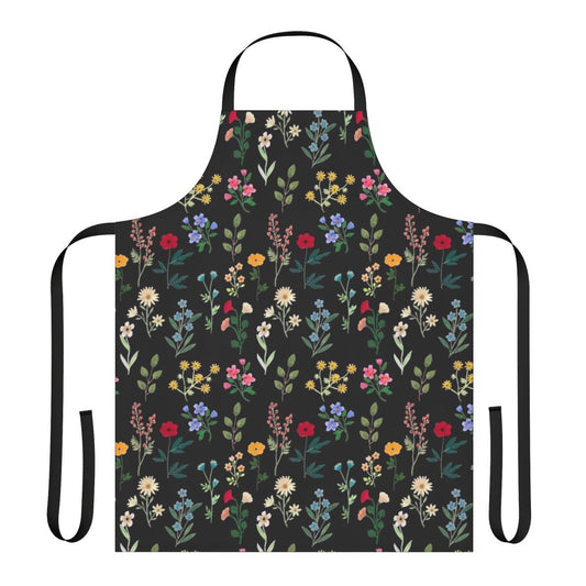 Black apron with vibrant spring botanical floral pattern