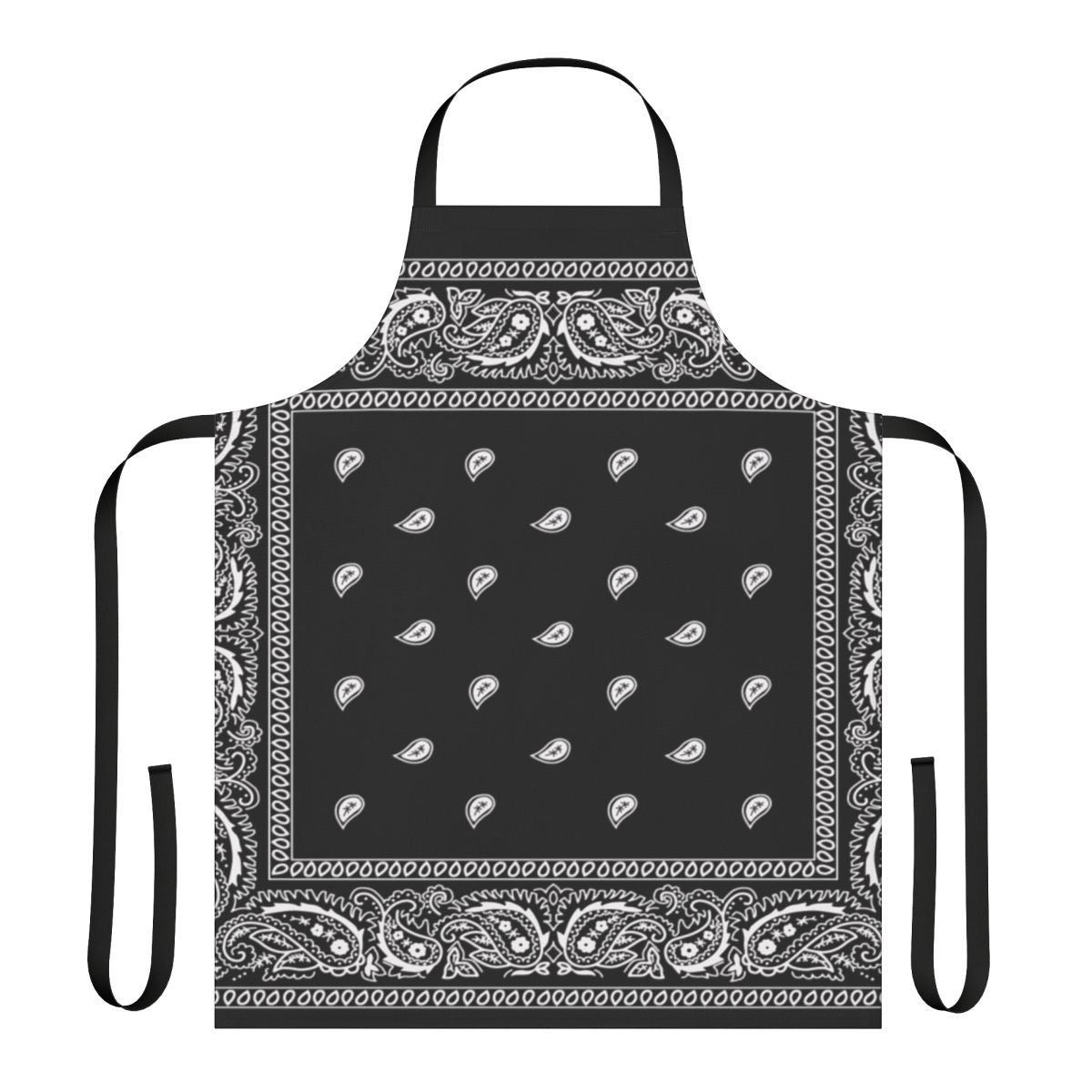 A black bandana-style apron with a trendy, urban design