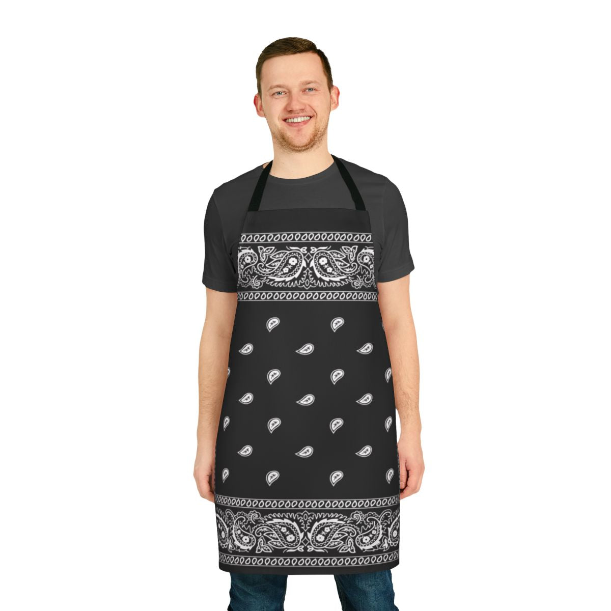 A black bandana-style apron with a trendy, urban design