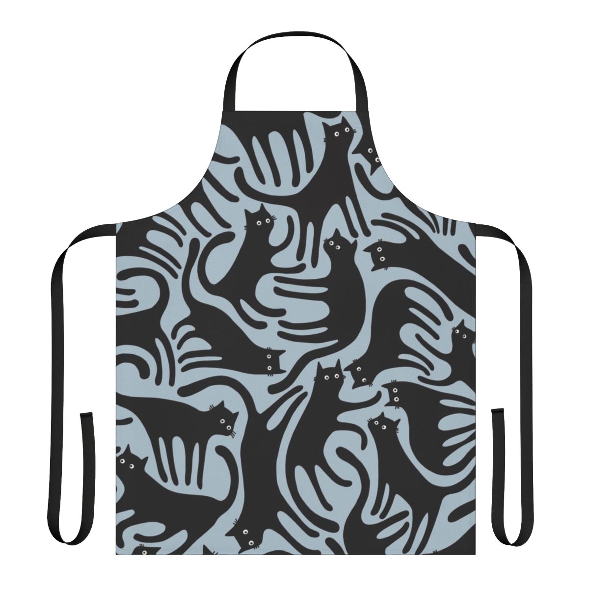 A modern black cat pattern printed on a blue apron, perfect for cat enthusiasts