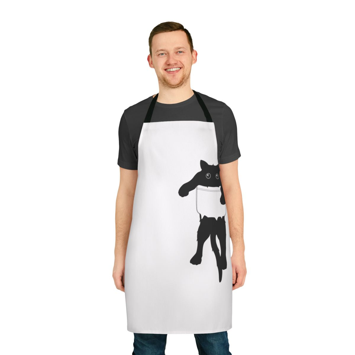 Graphic black cat silhouette design on a modern, high-quality apron with a front pocket.