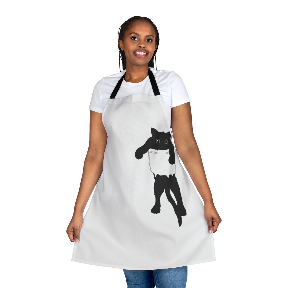 Graphic black cat silhouette design on a modern, high-quality apron with a front pocket.
