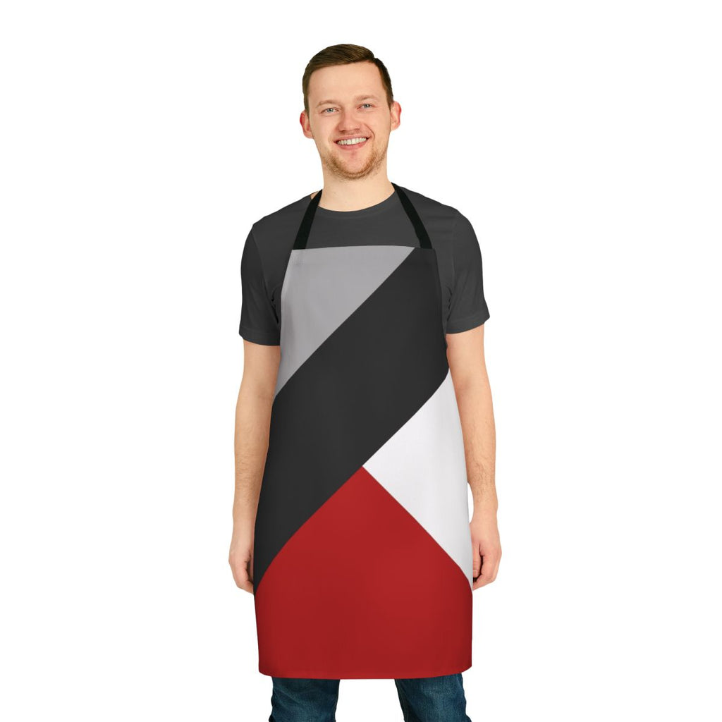 Black and white geometric abstract apron with diagonal stripes and triangles