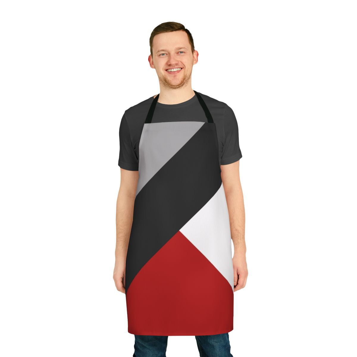 Black and white geometric abstract apron with diagonal stripes and triangles