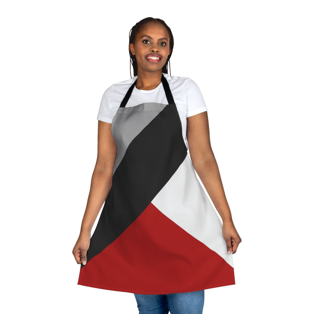 Black and white geometric abstract apron with diagonal stripes and triangles
