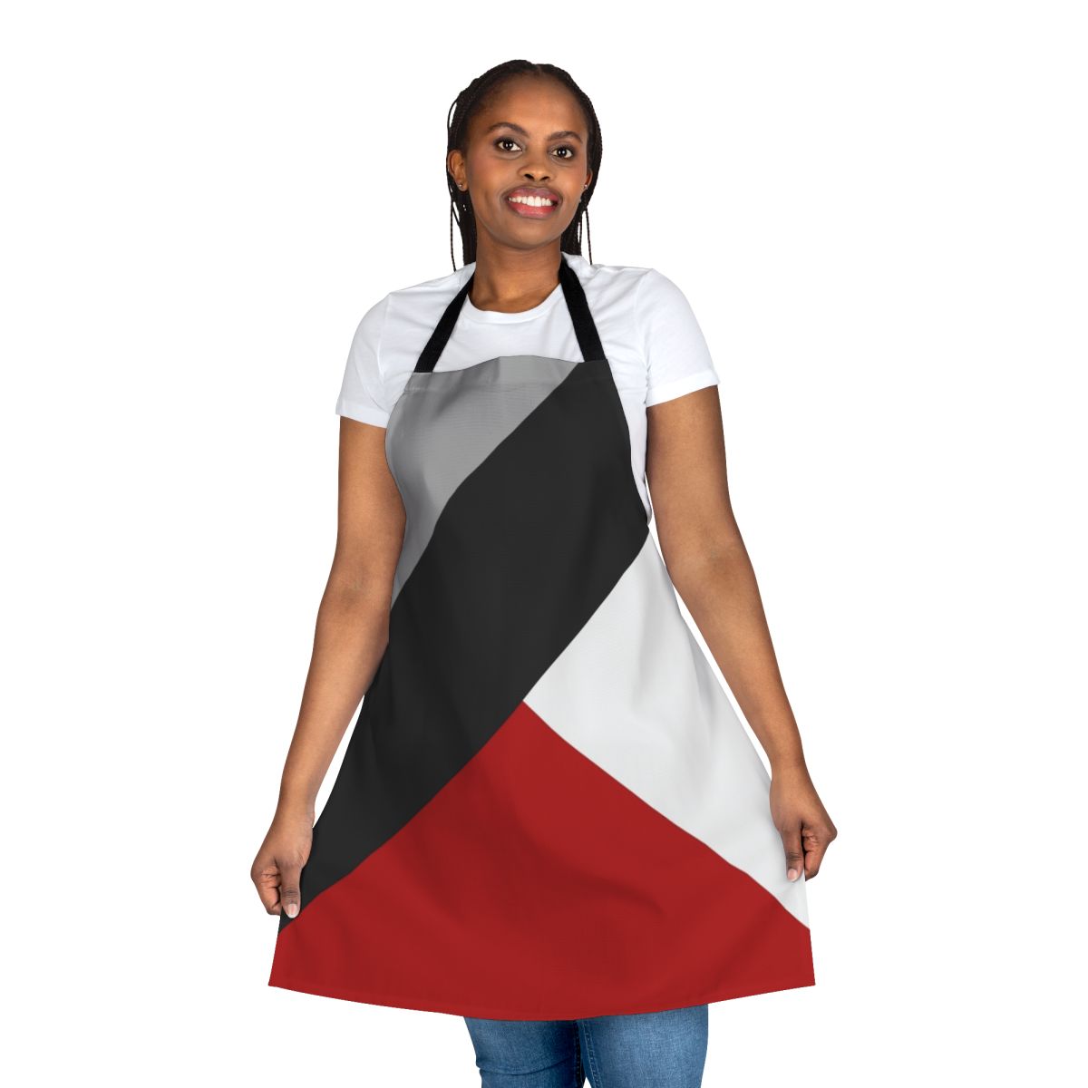 Black and white geometric abstract apron with diagonal stripes and triangles