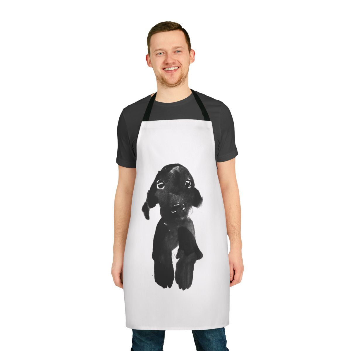 Sleek black dog-themed apron for cooking and baking