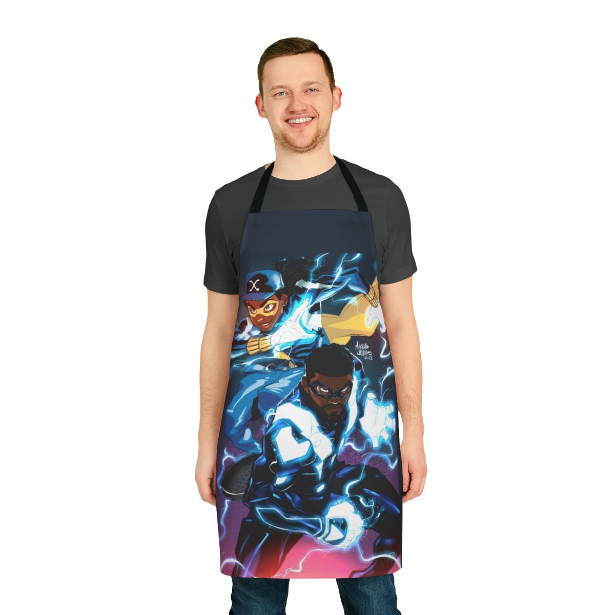 Black apron with electricity-inspired graphic design